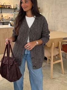 Aloruh Women's Elegant V-Neck Cable Knit Dark Brown Loose Cardigan - Brown - View 1