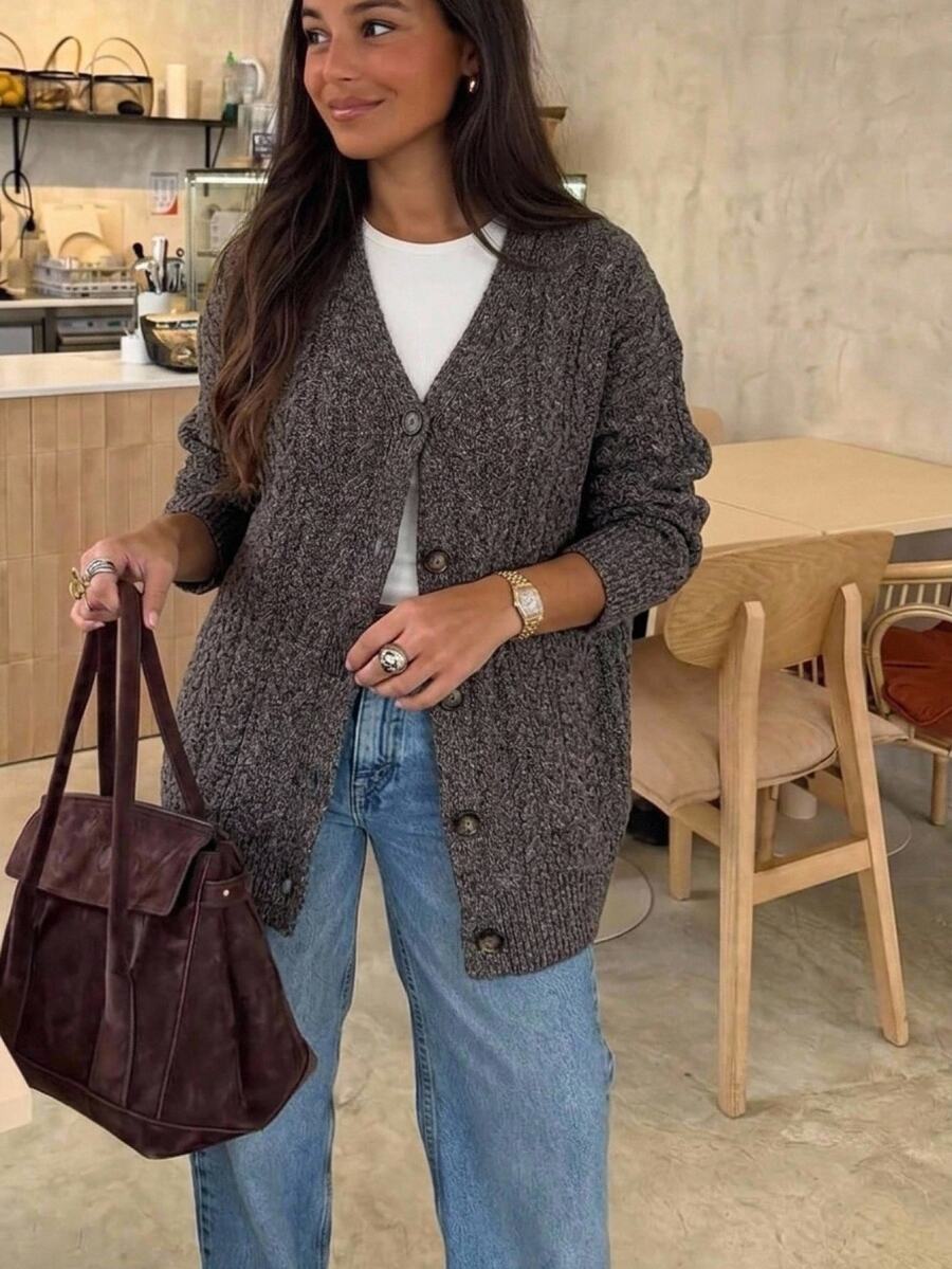 Aloruh Women's Elegant V-Neck Cable Knit Dark Brown Loose Cardigan - Brown - View 1