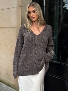 Aloruh Women's Elegant V-Neck Cable Knit Dark Brown Loose Cardigan - Brown - View 4