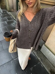 Aloruh Women's Elegant V-Neck Cable Knit Dark Brown Loose Cardigan - Brown - View 7
