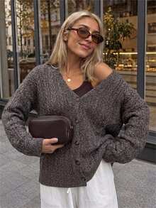 Aloruh Women's Elegant V-Neck Cable Knit Dark Brown Loose Cardigan - Brown - View 2