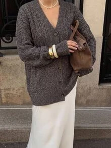 Aloruh Women's Elegant V-Neck Cable Knit Dark Brown Loose Cardigan - Brown - View 3