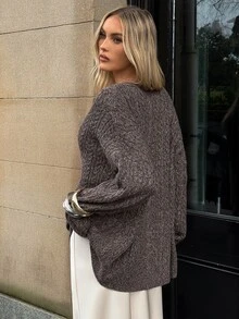 Aloruh Women's Elegant V-Neck Cable Knit Dark Brown Loose Cardigan - Brown - View 6