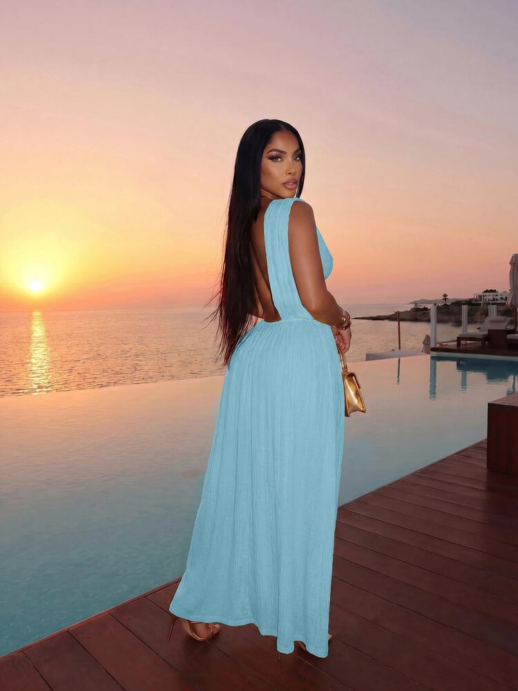 Slaydiva 2026 Casual Beach Vacation Pool Elegant Sexy Pleated Dress Cover-Up, Sexy Vacation Elegant Beach Women's Dress Cover-Up - Baby Blue - View 3