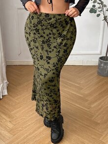 SHEIN EZwear 大尺碼女款黑色網紗彈性腰貼身修身花卉半身裙 秋季 - 軍綠色 - 查看 4