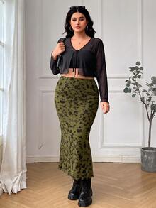 SHEIN EZwear 大尺碼女款黑色網紗彈性腰貼身修身花卉半身裙 秋季 - 軍綠色 - 查看 3