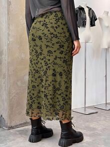 SHEIN EZwear 大尺碼女款黑色網紗彈性腰貼身修身花卉半身裙 秋季 - 軍綠色 - 查看 2