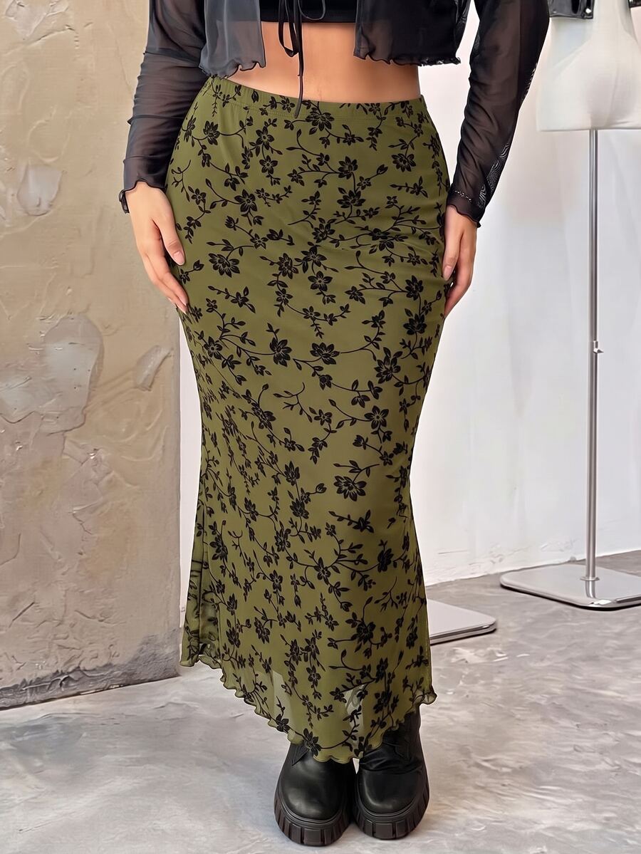 SHEIN EZwear 大尺碼女款黑色網紗彈性腰貼身修身花卉半身裙 秋季 - 軍綠色 - 查看 1