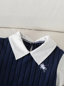 SHEIN 女童騎士刺繡撞色翻領長袖休閒洋裝 - 彩色 - 查看 7