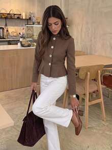 Serisse Áo khoác nữ màu trơn tay dài cài nút đơn gấu bèo nhún - Màu Khaki - Xem 7