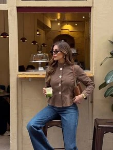 Serisse Áo khoác nữ màu trơn tay dài cài nút đơn gấu bèo nhún - Màu Khaki - Xem 3