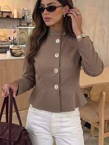 Serisse Áo khoác nữ màu trơn tay dài cài nút đơn gấu bèo nhún - Màu Khaki - Xem 5