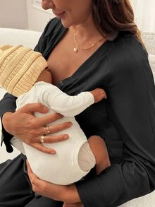 Slowluna Maternity Solid Color Nursing Dress For Pregnant Women And New Mothers - Black - View 7