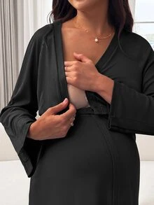 Slowluna Maternity Solid Color Nursing Dress For Pregnant Women And New Mothers - Black - View 8