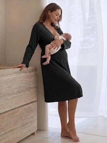 Slowluna Maternity Solid Color Nursing Dress For Pregnant Women And New Mothers - Black - View 10