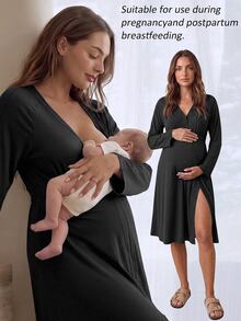 Slowluna Maternity Solid Color Nursing Dress For Pregnant Women And New Mothers - Black - View 9