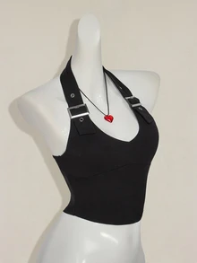 SHEIN ICON 女式黑色露背深V领背心，配有可调节细肩带 - 黑色 - 查看 5