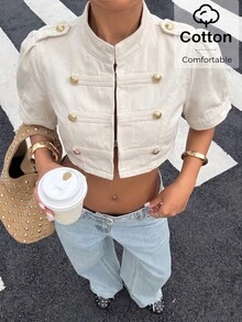 Muchica Women's Stand Collar Casual Versatile Daily Denim Jacket - Apricot - View 5