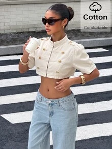 Muchica Women's Stand Collar Casual Versatile Daily Denim Jacket - Apricot - View 7