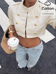 Muchica Women's Stand Collar Casual Versatile Daily Denim Jacket - Apricot - View 3