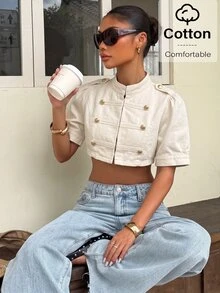 Muchica Women's Stand Collar Casual Versatile Daily Denim Jacket - Apricot - View 4