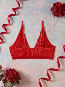 Elorette Bright Red Lace Patchwork Water Drop Cup Push-Up Romantic Classic Plus Size Bra - Red - View 2