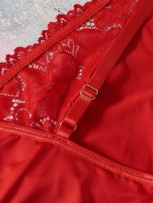 Elorette Bright Red Lace Patchwork Water Drop Cup Push-Up Romantic Classic Plus Size Bra - Red - View 5