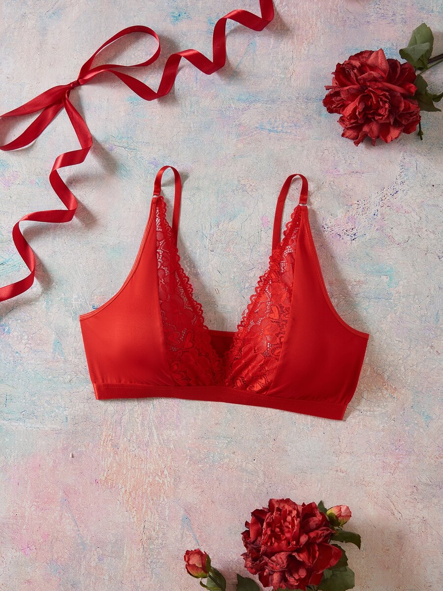 Elorette Bright Red Lace Patchwork Water Drop Cup Push-Up Romantic Classic Plus Size Bra - Red - View 1