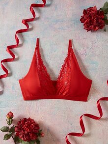 Elorette Bright Red Lace Patchwork Water Drop Cup Push-Up Romantic Classic Plus Size Bra - Red - View 3