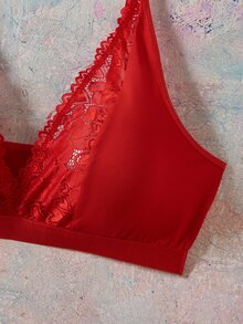 Elorette Bright Red Lace Patchwork Water Drop Cup Push-Up Romantic Classic Plus Size Bra - Red - View 4