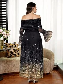 Reflora Gaun Wanita Ukuran Besar Motif Mengkilap, Bahu Terbuka, Lengan Mengembang, Elegan, Minimalis, Romantis, Glamor - MultiWarna - View 3