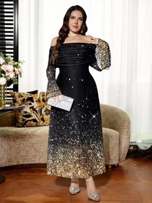 Reflora Gaun Wanita Ukuran Besar Motif Mengkilap, Bahu Terbuka, Lengan Mengembang, Elegan, Minimalis, Romantis, Glamor - MultiWarna - View 6
