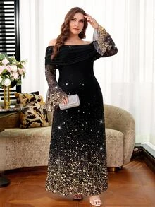 Reflora Gaun Wanita Ukuran Besar Motif Mengkilap, Bahu Terbuka, Lengan Mengembang, Elegan, Minimalis, Romantis, Glamor - MultiWarna - View 2
