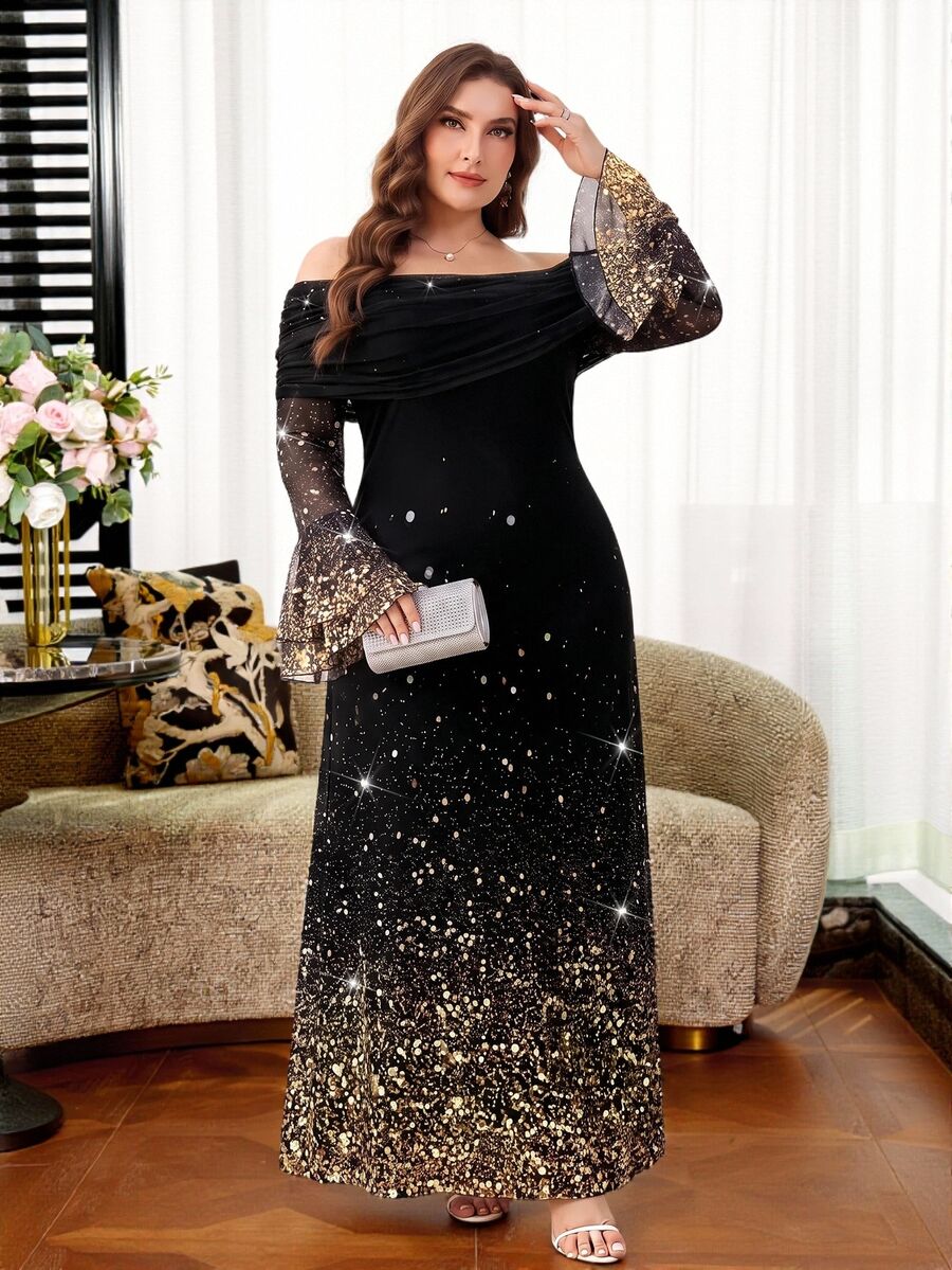 Reflora Gaun Wanita Ukuran Besar Motif Mengkilap, Bahu Terbuka, Lengan Mengembang, Elegan, Minimalis, Romantis, Glamor
