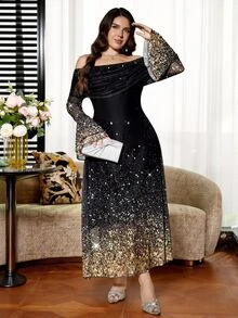 Reflora Gaun Wanita Ukuran Besar Motif Mengkilap, Bahu Terbuka, Lengan Mengembang, Elegan, Minimalis, Romantis, Glamor - MultiWarna - View 5