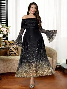 Reflora Gaun Wanita Ukuran Besar Motif Mengkilap, Bahu Terbuka, Lengan Mengembang, Elegan, Minimalis, Romantis, Glamor - MultiWarna - View 8