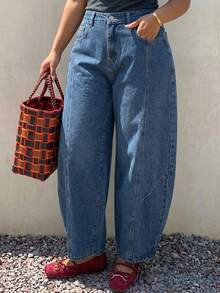 Dazy Plus Solid Color Loose Curved Leg Casual Streetwear Summer Denim Cropped Jeans Fall - Medium Wash - View 1