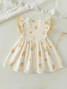 Cozy Pixies Baby Girl Floral Print Round Neck Ruffle Waist Dress - White - View 2