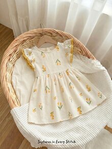 Cozy Pixies Baby Girl Floral Print Round Neck Ruffle Waist Dress - White - View 4