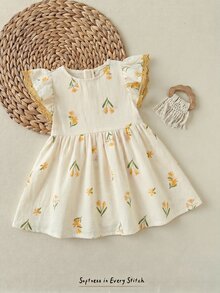 Cozy Pixies Baby Girl Floral Print Round Neck Ruffle Waist Dress - White - View 5