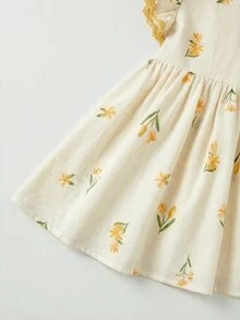 Cozy Pixies Baby Girl Floral Print Round Neck Ruffle Waist Dress - White - View 6