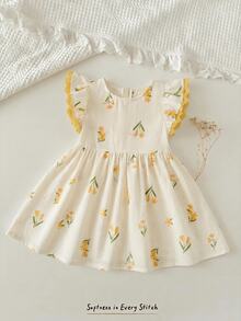 Cozy Pixies Baby Girl Floral Print Round Neck Ruffle Waist Dress - White - View 1