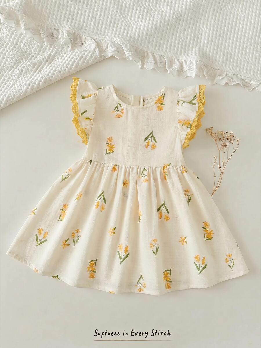 Cozy Pixies Baby Girl Floral Print Round Neck Ruffle Waist Dress - White - View 1