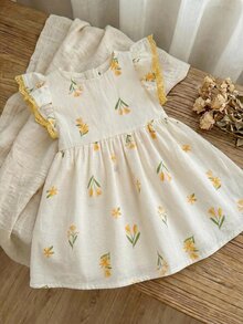 Cozy Pixies Baby Girl Floral Print Round Neck Ruffle Waist Dress - White - View 3