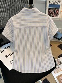 GlowEve Women's Striped Short Sleeve Single-Breasted Casual Shirt - Blue and White - View 2