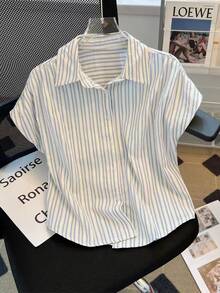 GlowEve Women's Striped Short Sleeve Single-Breasted Casual Shirt - Blue and White - View 1