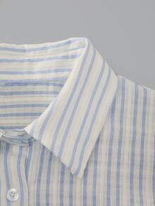 GlowEve Women's Striped Short Sleeve Single-Breasted Casual Shirt - Blue and White - View 3