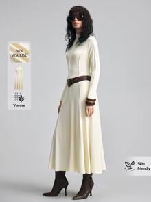 Ontre 2026新款秋季女款長洋裝 收腰寬鬆A字裙 素色奶油白 長袖開衩線條設計 優雅極簡通勤風 - 杏色 - 查看 5