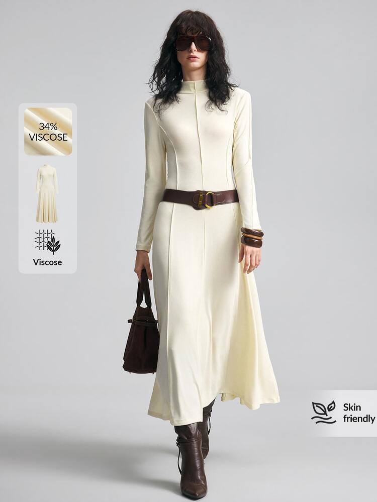 Ontre 2026 New Fall Women's Long Dress Cinched Waist Loose Fit A-Line Skirt Solid Cream White Long Sleeve Split Line Design Elegant Minimalist Office - Apricot - View 4