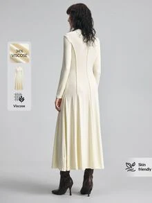 Ontre 2026新款秋季女款長洋裝 收腰寬鬆A字裙 素色奶油白 長袖開衩線條設計 優雅極簡通勤風 - 杏色 - 查看 7